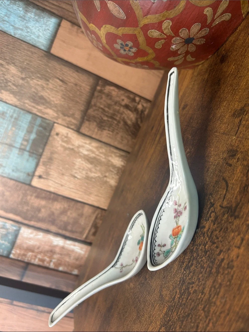 Porcelain Floral Soup Spoons - White with Orange Floral Accent